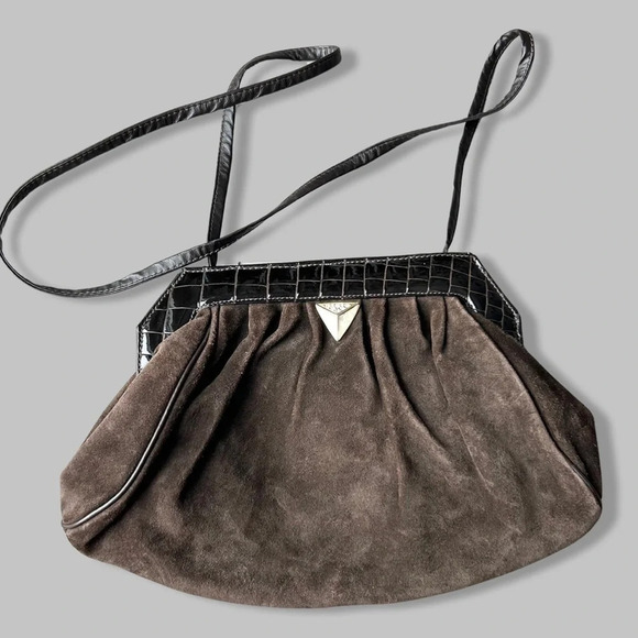 Vintage High Fashion Croc Patent Leather Suede  Leather Crossbody Clutch - Picture 1 of 15